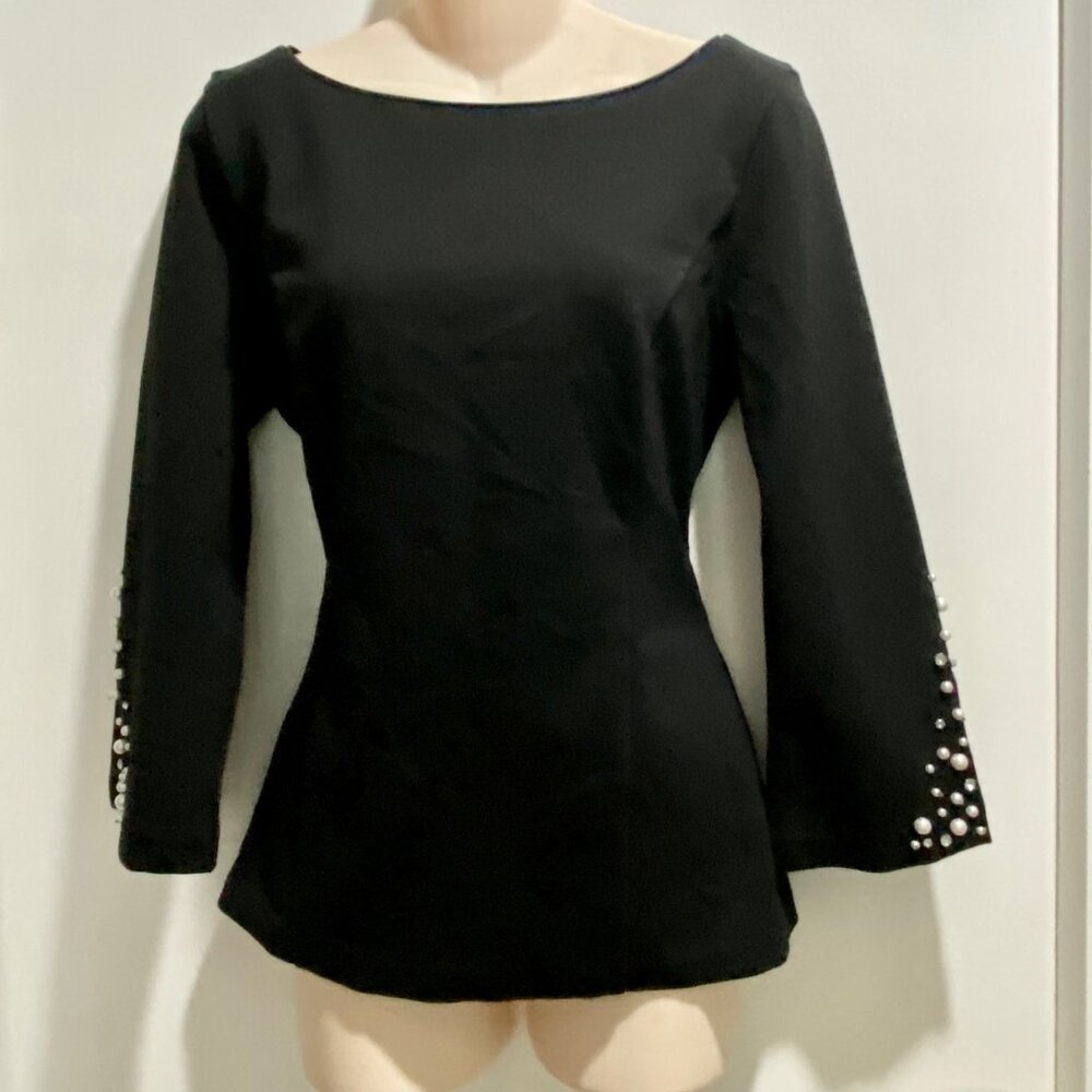 WHBM Beaded Pearl X Silhouette Tailored Peplum Structured Minimalist Knit Top 8